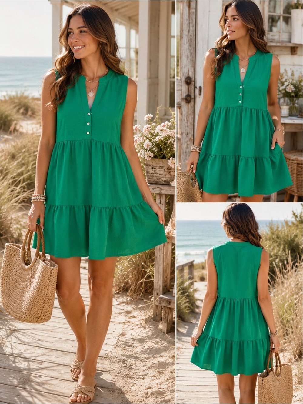 Boho flowy Emerald Green V-Neck Dress